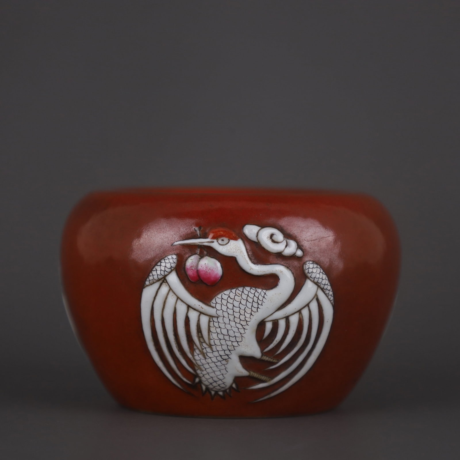 A Exquisite Iron-Red Crane Pattern Apple-shaped Brush Washer - 4