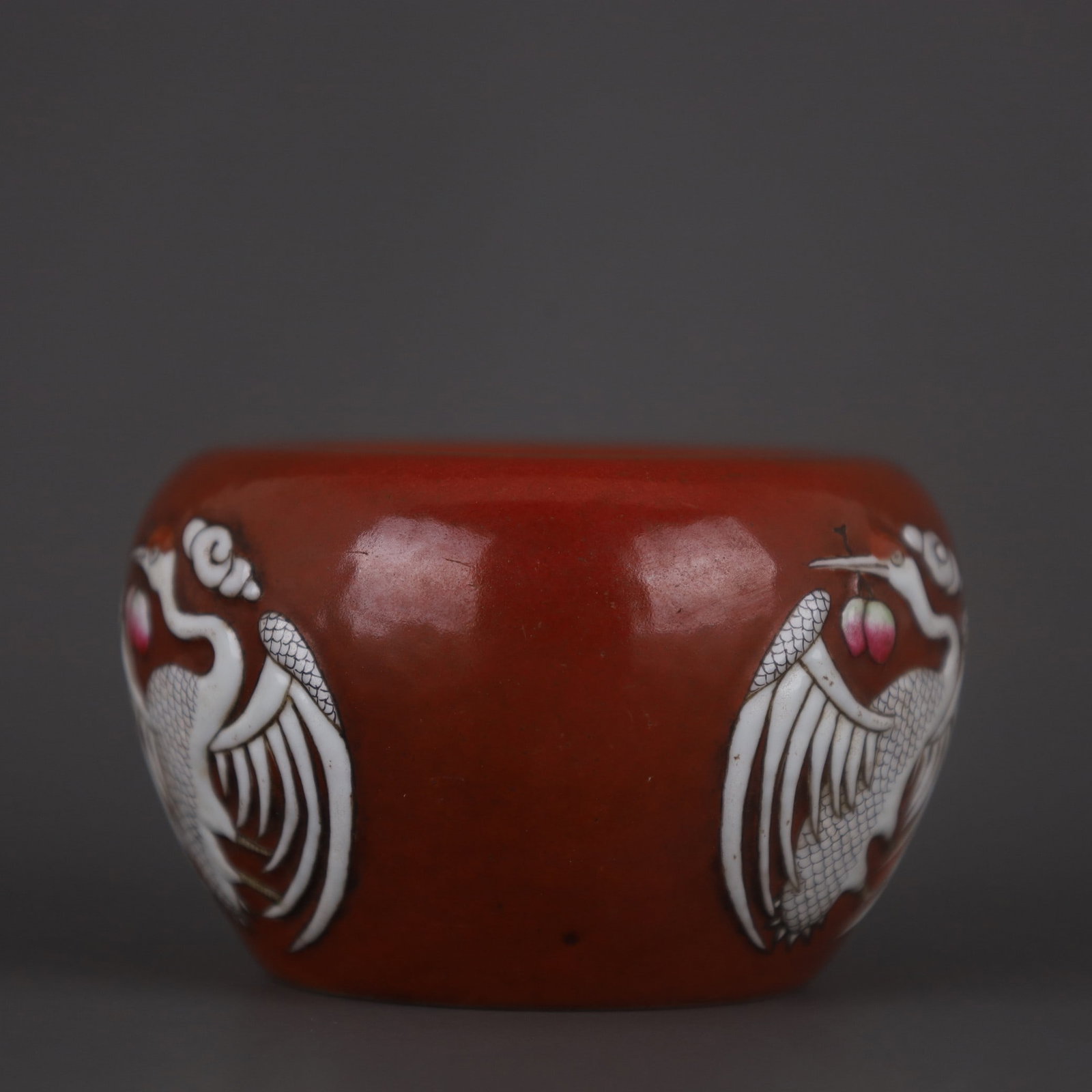 A Exquisite Iron-Red Crane Pattern Apple-shaped Brush Washer - 7