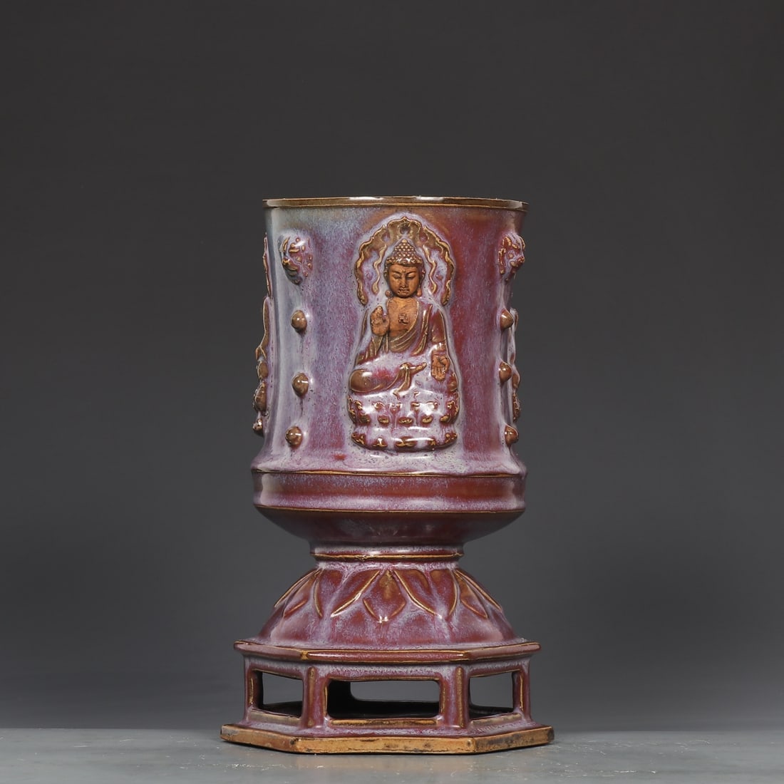 A Exquisite Jun Yao Purple Glazed Buddha Pattern Censer: A Exquisite Jun Yao Purple Glazed Buddha Pattern Censer,Song Dynasty, China,With Mark,Size:10.2inx4.9in 钧窑玫瑰紫釉佛像纹炉,中国