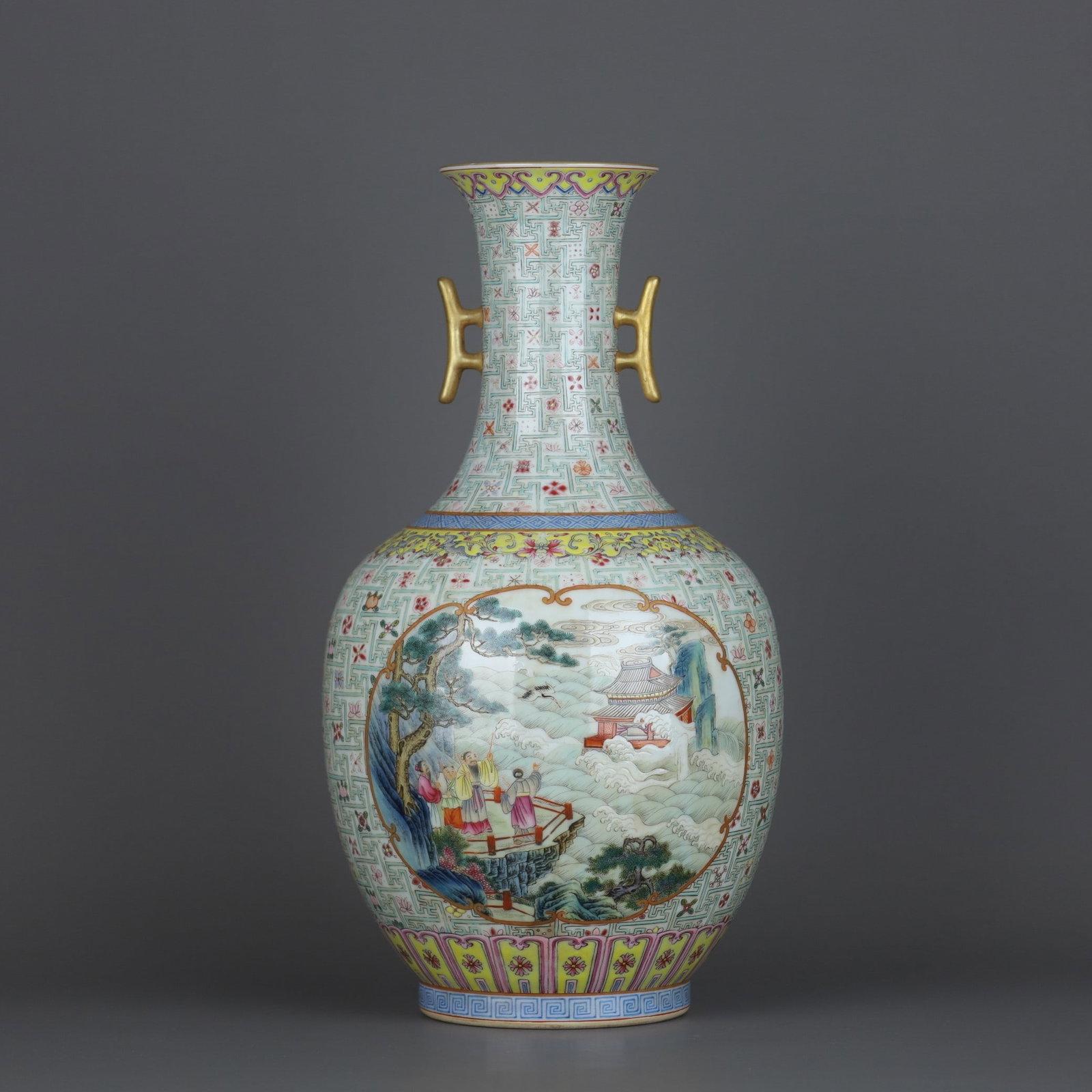A Exquisite Famille-Rose Landscape and Figures Pattern Double-Ears Vase: A Exquisite Famille-Rose Landscape and Figures Pattern Double-Ears Vase,Qing Dynasty, China,Qianlong Six-character Mark,Size:13.3inx7.3in 粉彩山水人物纹ࡡ