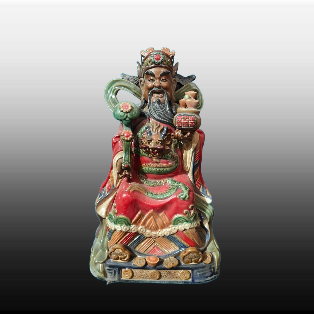 A Exquisite Shiwan Porcelain Statue of Mammon Ornament: A Exquisite Shiwan Porcelain Statue of Mammon Ornament,Qing Dynasty, China,With Mark,Size:9.1inx6.7inx14.6in