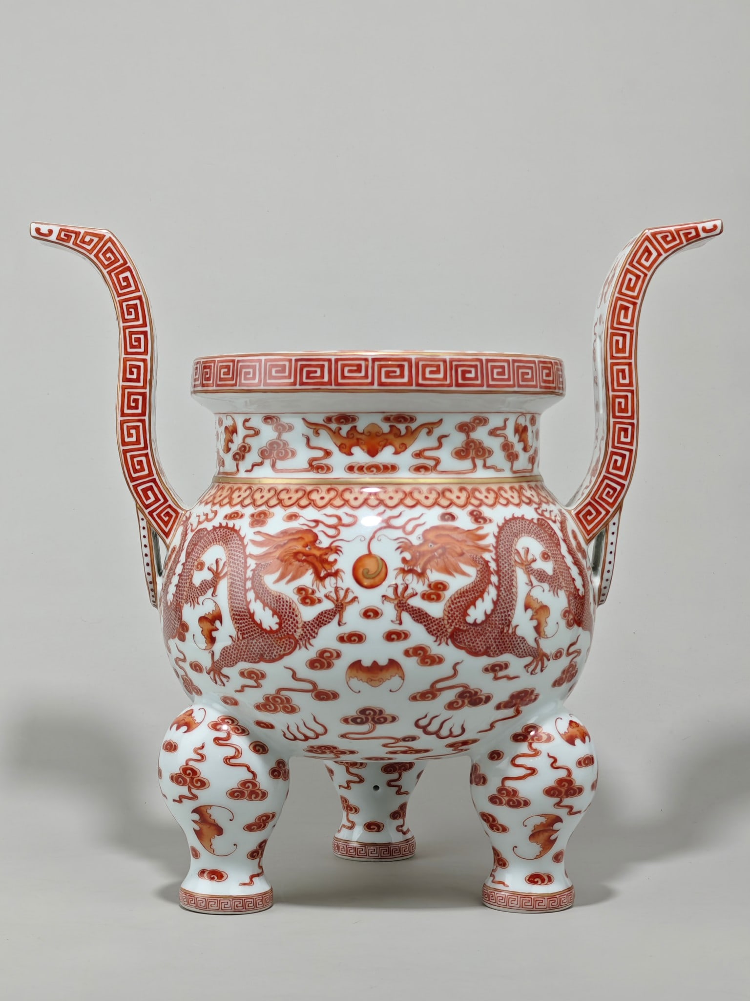 A Exquisite Iron-Red Painted Gold Tripod Dragon Pattern Censer: A Exquisite Iron-Red Painted Gold Tripod Dragon Pattern Censer,Qing Dynasty, China,Size:14.8inx15.2in 矾红釉描金三足龙纹炉,中国&