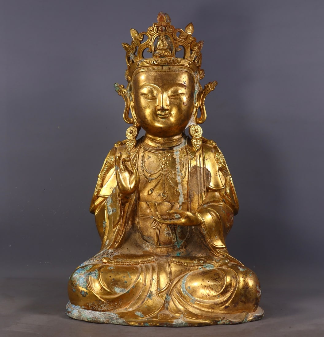 A Exquisite Gilt Bronze Buddha statue: A Exquisite Gilt Bronze Buddha statue,N.Qi Dynasty, China,Size:16.1inx9.6inx7.9in,Weight:5260g 铜鎏金佛像,北魏