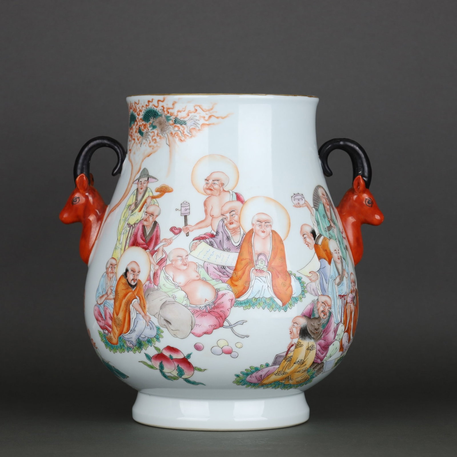 A Exquisite Famille-Rose Arhat Pattern Deer-head Vase: A Exquisite Famille-Rose Arhat Pattern Deer-head Vase,Qing Dynasty, China,Yongzheng Six-character Mark,Size:12.4inx12.7in