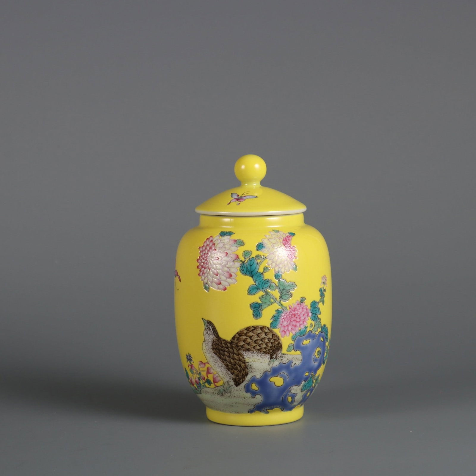 A Exquisite Yellow Ground Famille-Rose Flower and Bird Pattern Jar: A Exquisite Yellow Ground Famille-Rose Flower and Bird Pattern Jar ,Qing Dynasty, China,Yongzheng Six-character Mark,Size:4.3inx2.6inx1.6in 黄地粉彩花鸟纹 