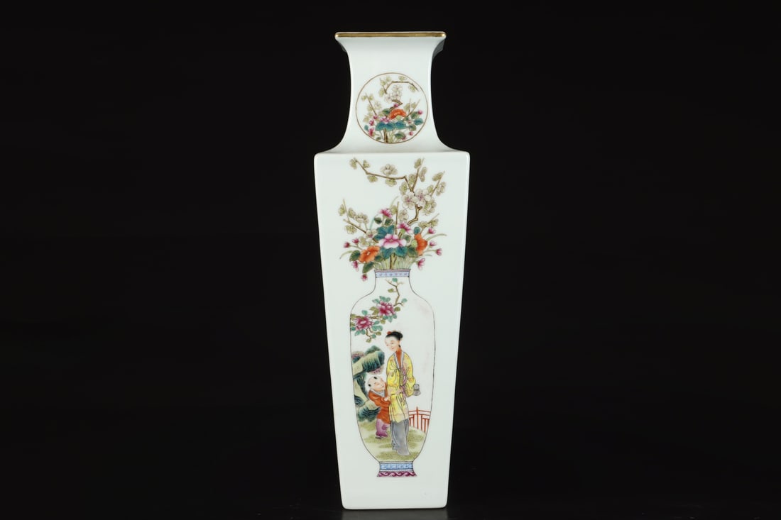 A Exquisite White Ground Famille-Rose Figures Pattern Vase: A Exquisite White Ground Famille-Rose Figures Pattern Vase,Qing Dynasty, China,Qianlong Six-character Mark,Size:13.8inx4.3in 白地粉彩人物纹瓶,中&#