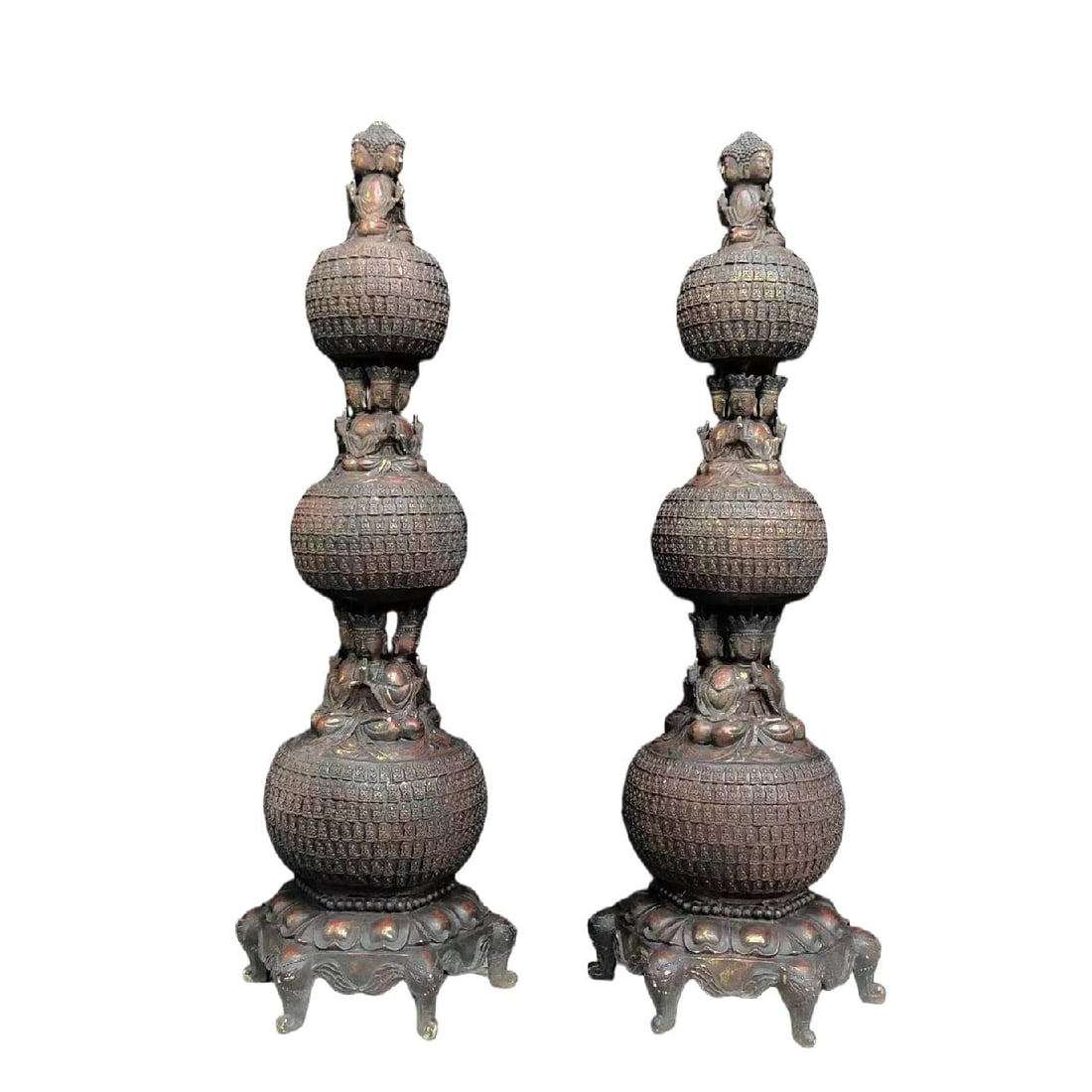 A pair of Exquisite Coppery Pagoda Ornament: A pair of Exquisite Coppery Pagoda Ornament,Qing Dynasty, China,Size:40.6inx11.8in 一对紫铜佛塔摆件,中国清代