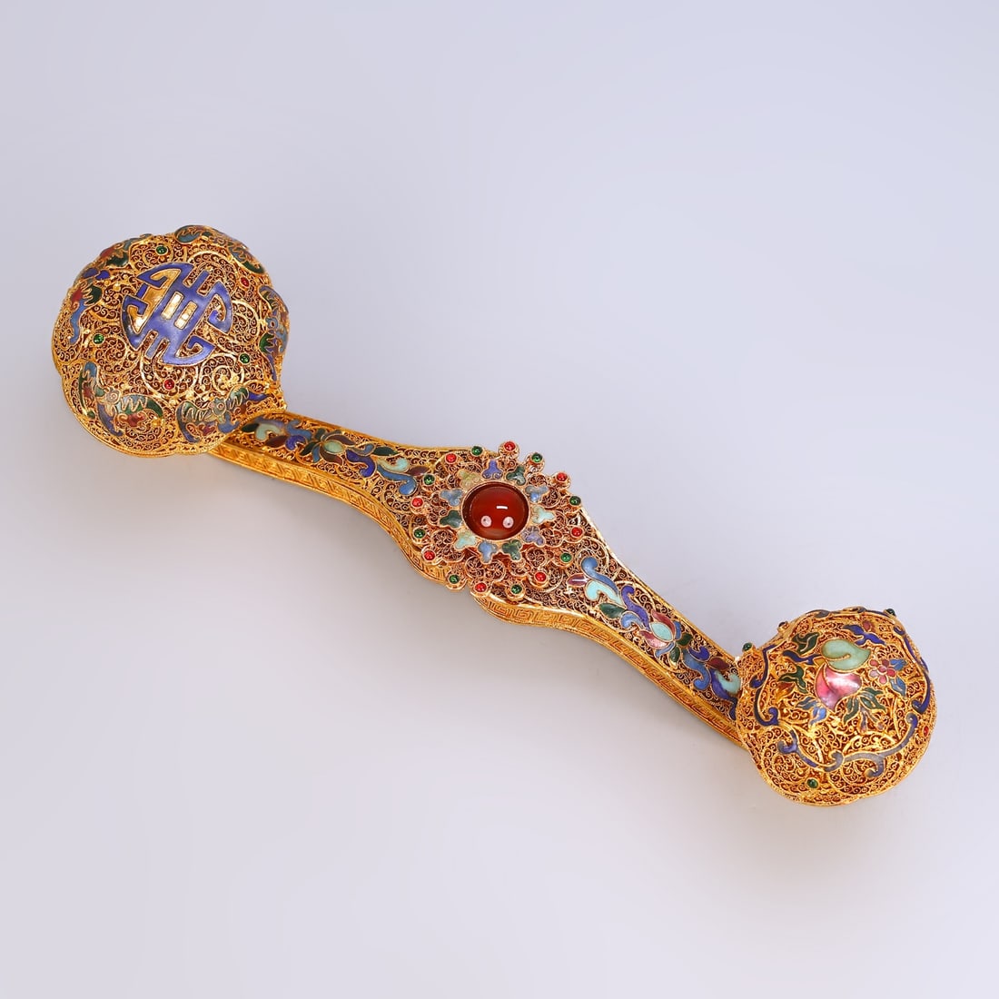 A Exquisite Cloisonné Inlaid Hotan Jade Ruyi: A Exquisite Cloisonné Inlaid Hotan Jade Ruyi ,Qing Dynasty, China,Qianlong Four-character Mark,Size:12.6inx3.3in ,Weight:398g 掐丝镶嵌和田玉如ø