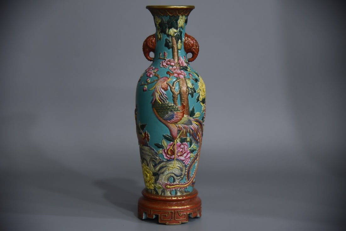 A Exquisite Turquoise-Glazed Ground Enamel Painted Gold Phoenix Pattern Elephant-Ears Vase: A Exquisite Turquoise-Glazed Ground Enamel Painted Gold Phoenix Pattern Elephant-Ears Vase,Qing Dynasty, China,Qianlong Six-character Mark,Size:9.8inx2.2inx3.3inx3.1in 松石绿地