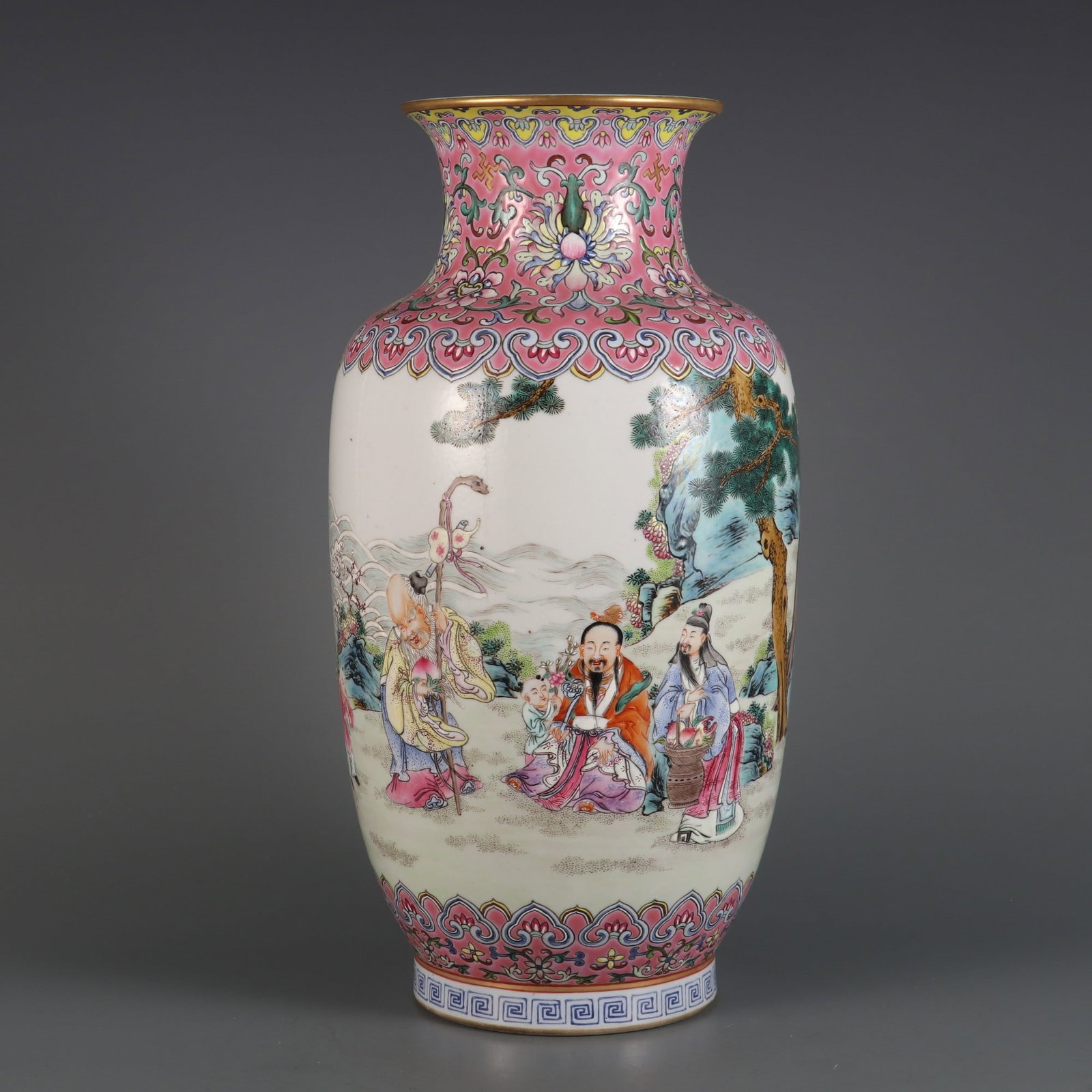 An Exquisite Famille-Rose Lotus Pattern Character and Story Pattern Vase: An Exquisite Famille-Rose Lotus Pattern Character and Story Pattern Vase Qing Dynasty, China Jiaqing Six-character Mark Size:13.3inx6.7in粉彩三星高照筒瓶