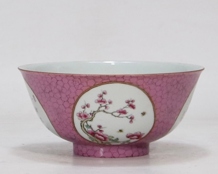 An Exquisite Famille-Rose Flower Pattern with poem Bowl: An Exquisite Famille-Rose Flower Pattern with poem Bowl Qing Dynasty, China Qianlong Six-character Mark Size:3.1inx6.9in胭脂冰片纹地开窗花卉