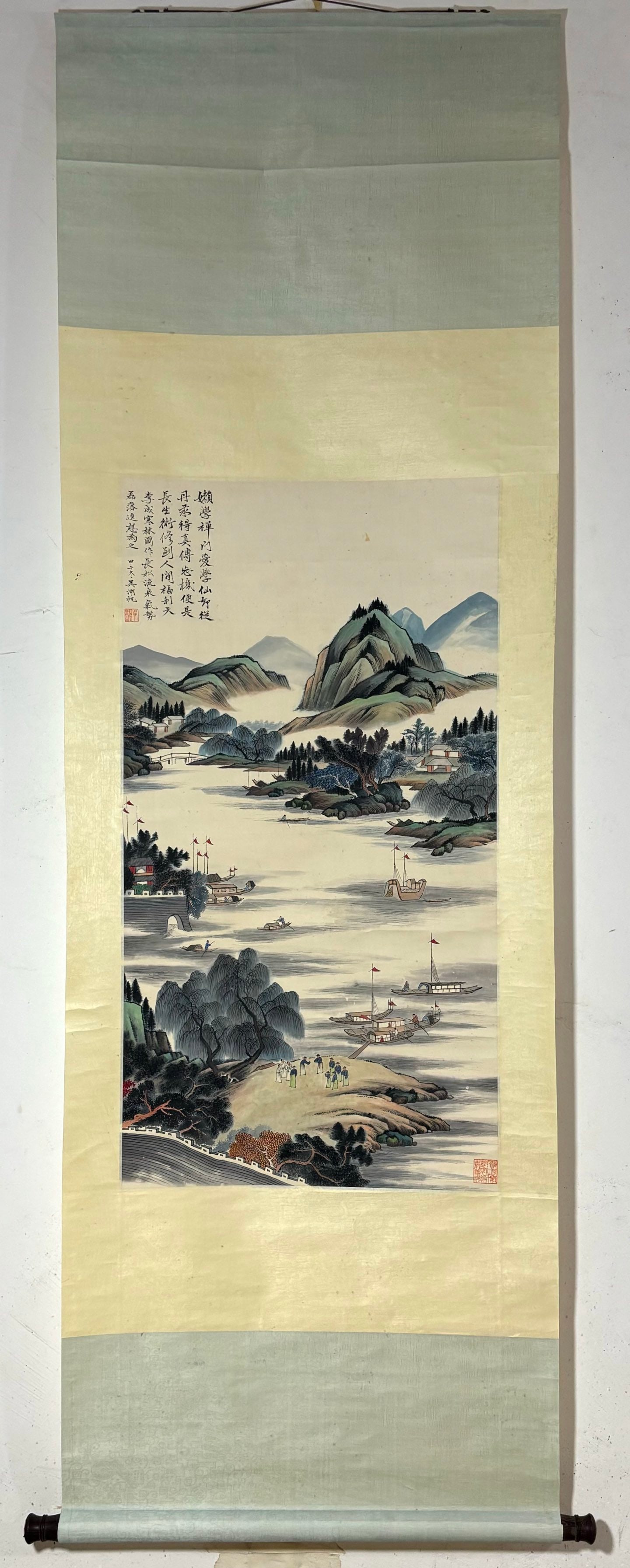 A Chinese Vertical Scroll Ink Painting of Landscape and Figure on Paper: A Chinese Vertical Scroll Ink Painting of Landscape and Figure on Paper Wu hufan Without frame Size:34.6inx18.5in吴湖帆山水人物图 纸本ే
