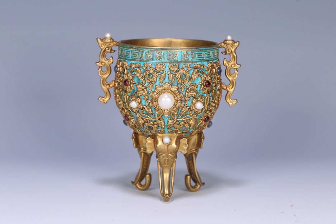 An Exquisite Gilt Bronze Inlaid Gems Cup: An Exquisite Gilt Bronze Inlaid Gems Cup Qing Dynasty, China Size:4.9inx4.3inx3.5in