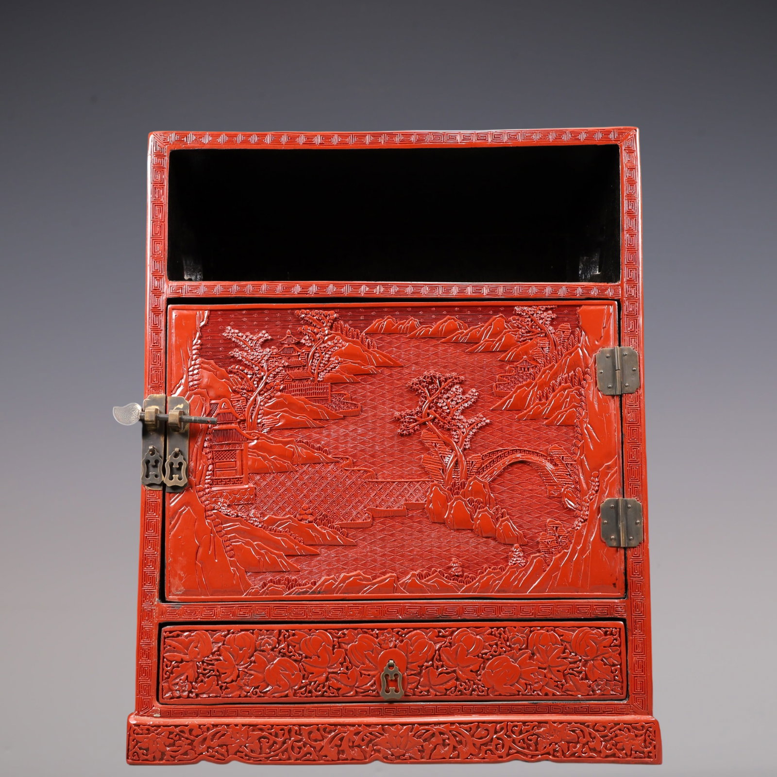A Exquisite Carved Red Lacquer Flower and Fruit Pattern Landscape Pattern Box - 2