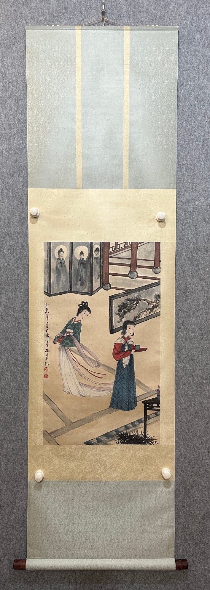 A Chinese Vertical Scroll Ink Painting of Character and Story on Paper: A Chinese Vertical Scroll Ink Painting of Character and Story on Paper Fu baoshi Without frame Size:17.3inx30.3in傅抱石人物故事 纸本立๘