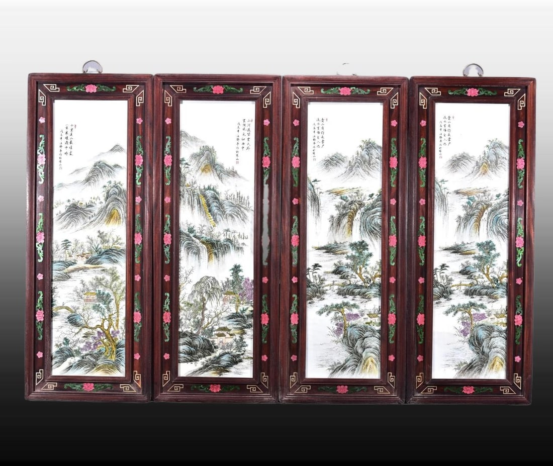 A Set of Exquisite Red wood Famille-Rose Landscape Porcelain Plate Hanging Panel: A Set of Exquisite Red wood Famille-Rose Landscape Porcelain Plate Hanging Panel,Republic of China,With Mark,Size:51.6inx20.1inx4 一套红木粉彩山水ல