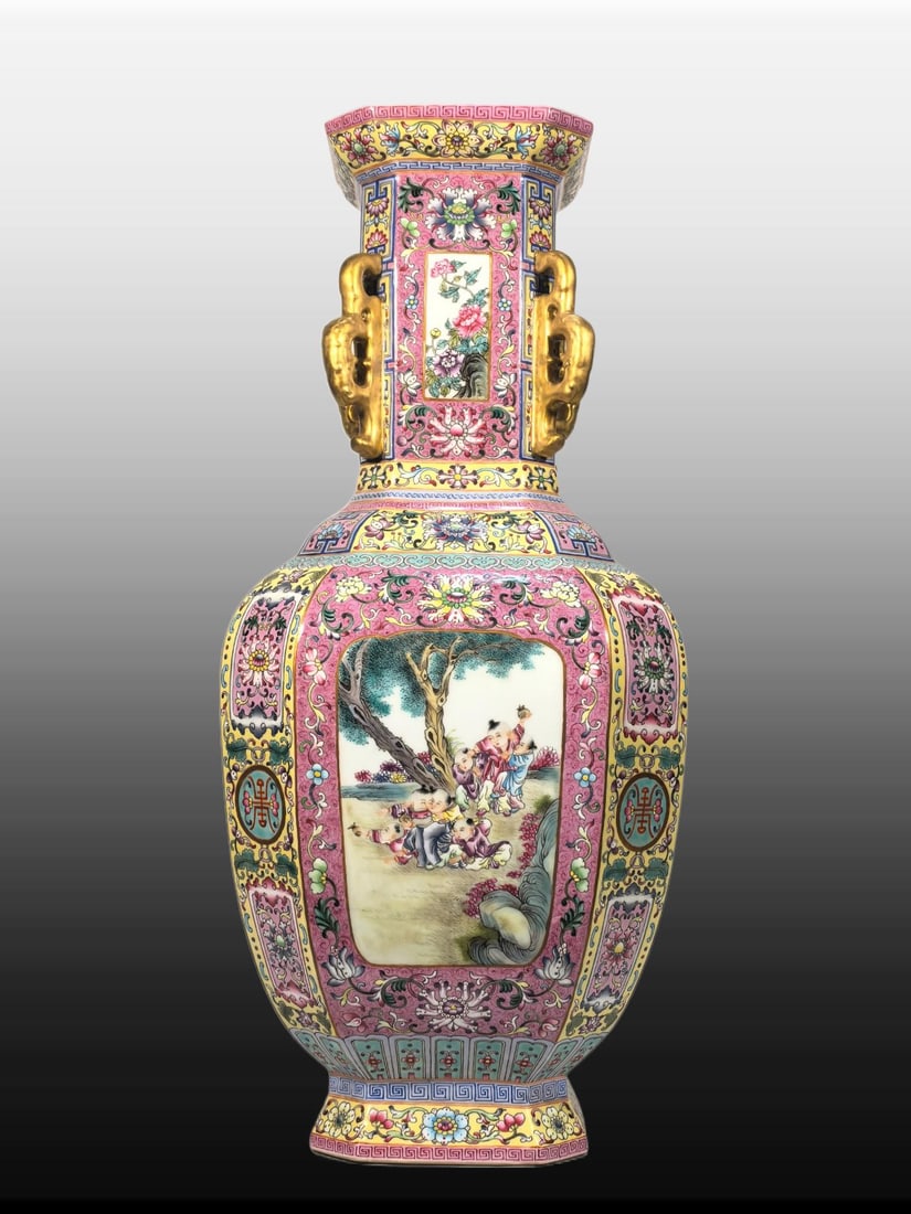 A Exquisite Famille-Rose Pink Ground Character and Story Pattern Vase: A Exquisite Famille-Rose Pink Ground Character and Story Pattern Vase,Qing Dynasty, China,Qianlong Four-character Mark,Size:20.5inx5.5inx8.9inx5.5in