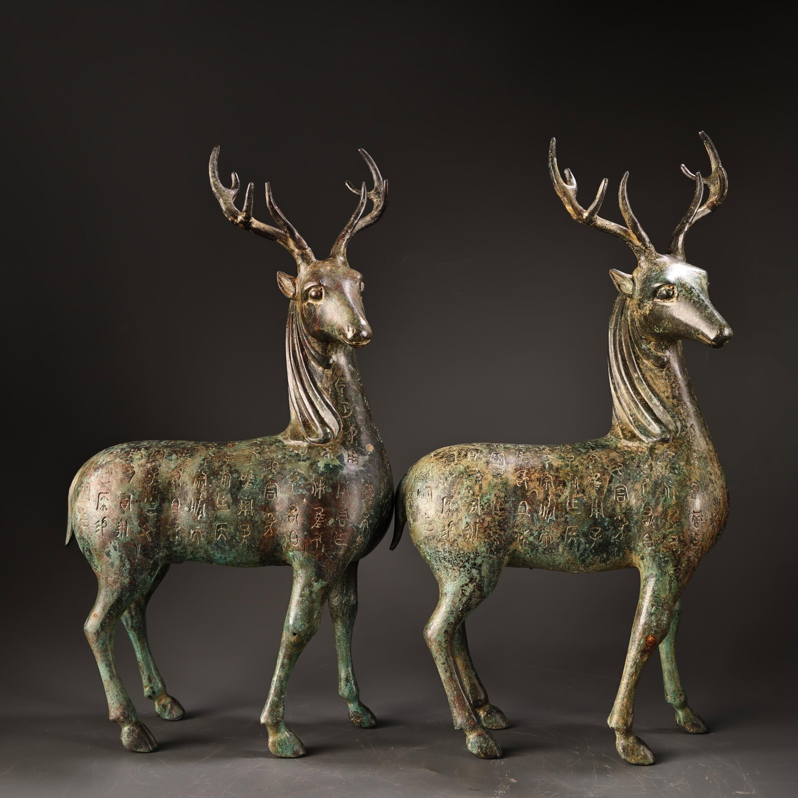 A pair of Exquisite Bronze Deer Ornament, With Inscription: A pair of Exquisite Bronze Deer Ornament, With Inscription,Han Dynasty, China,Size:15.4inx11.8in,Weigh:1700g