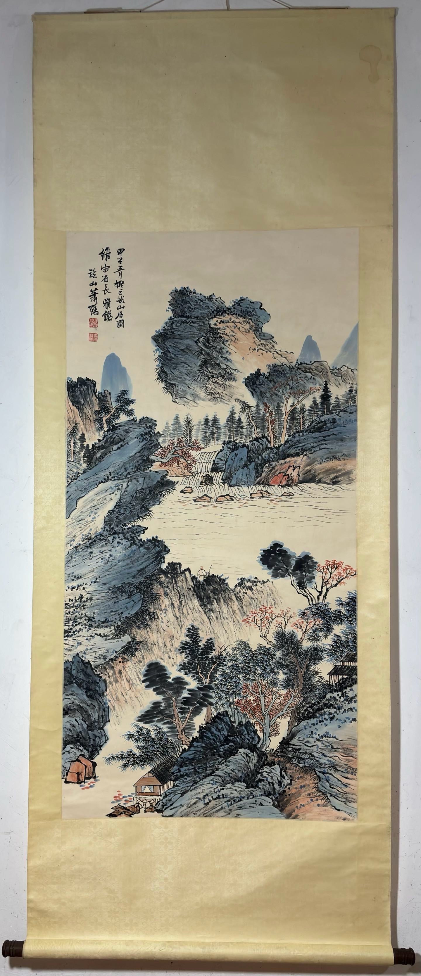 A Chinese Vertical Scroll Ink Painting of Landscape on Paper: A Chinese Vertical Scroll Ink Painting of Landscape on Paper,Modern Time,Xiao Xun,without frame size:53.3inx26.8in