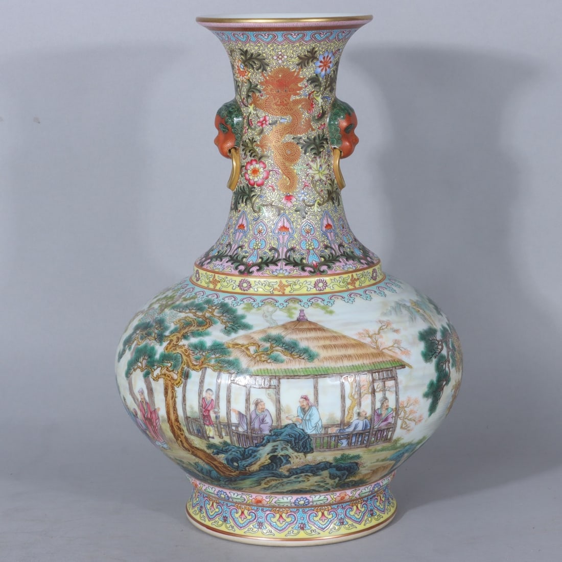 A Exquisite Famille-Rose Painted Gold Character and Story Pattern Double-Ears Vase: A Exquisite Famille-Rose Painted Gold Character and Story Pattern Double-Ears Vase,Qing Dynasty, China,Qianlong Six-character Mark,Size:11.4inx3.9inx7.7inx4.7in 粉彩描金人