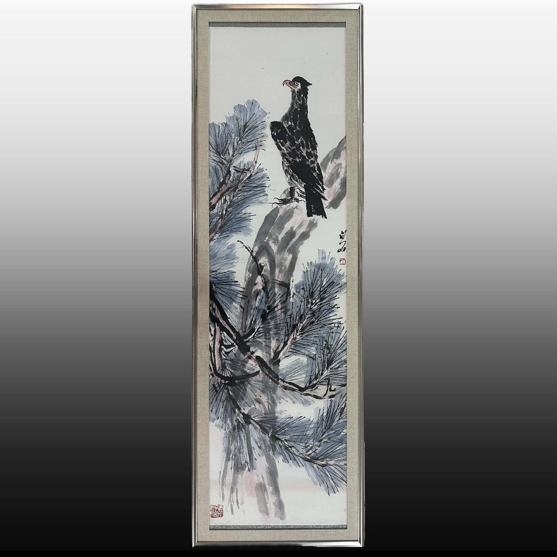 A Chinese Vertical Scroll Ink Painting of Eagle on Paper, With a Frame: A Chinese Vertical Scroll Ink Painting of Eagle on Paper, With a Frame,Modern Period of China,Qi Baishi,without frame size:19.7inx70.9in 一幅中国水墨纸本