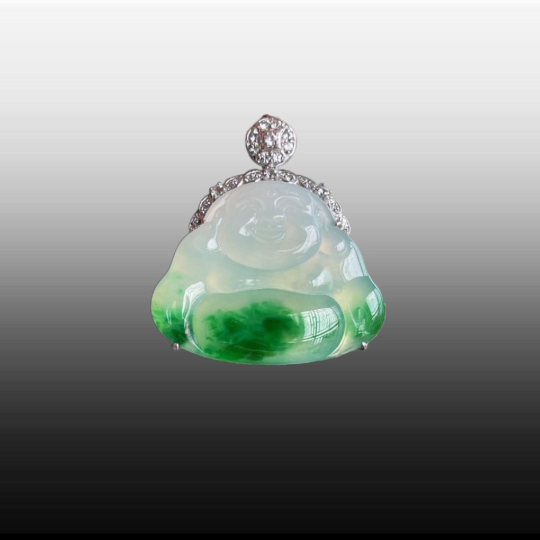 A Exquisite 18K Gold Inlaid Jadeite Buddha Pendant: A Exquisite 18K Gold Inlaid Jadeite Buddha Pendant,Size:1inx0.9inx0.2in,0.7inx0.9inx0.1in 18k金镶冰胶飘阳佛吊坠