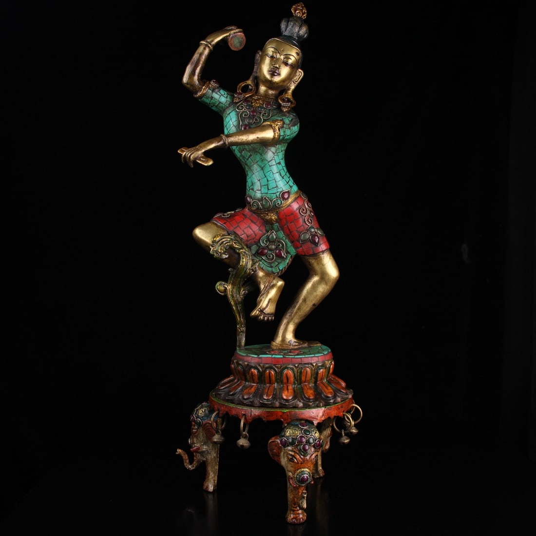 A Exquisite Bronze Inlaid Gems Painted Color Tara Ornament: A Exquisite Bronze Inlaid Gems Painted Color Tara Ornament,Ming Dynasty, China,Size:21.1inx6.7in,Weigh:5826g 铜嵌宝彩绘度母摆件,中国&#
