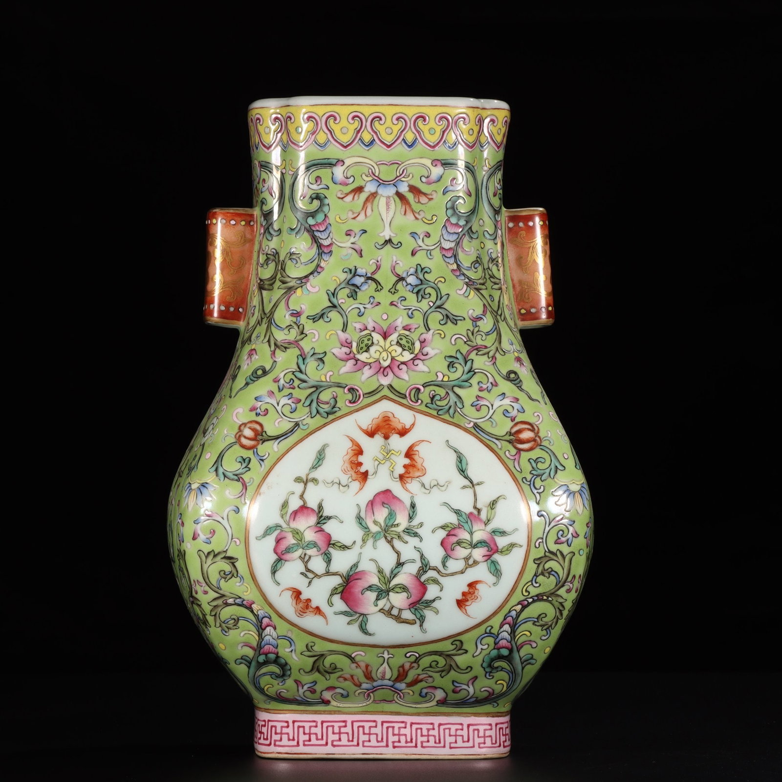 A Exquisite Green Ground Famille-Rose Painted Gold Bats and Peach Pattern Guan-Ears Vase: A Exquisite Green Ground Famille-Rose Painted Gold Bats and Peach Pattern Guan-Ears Vase,Qing Dynasty, China,Qianlong Six-character Mark,Size:11.7inx4.7inx4.5in