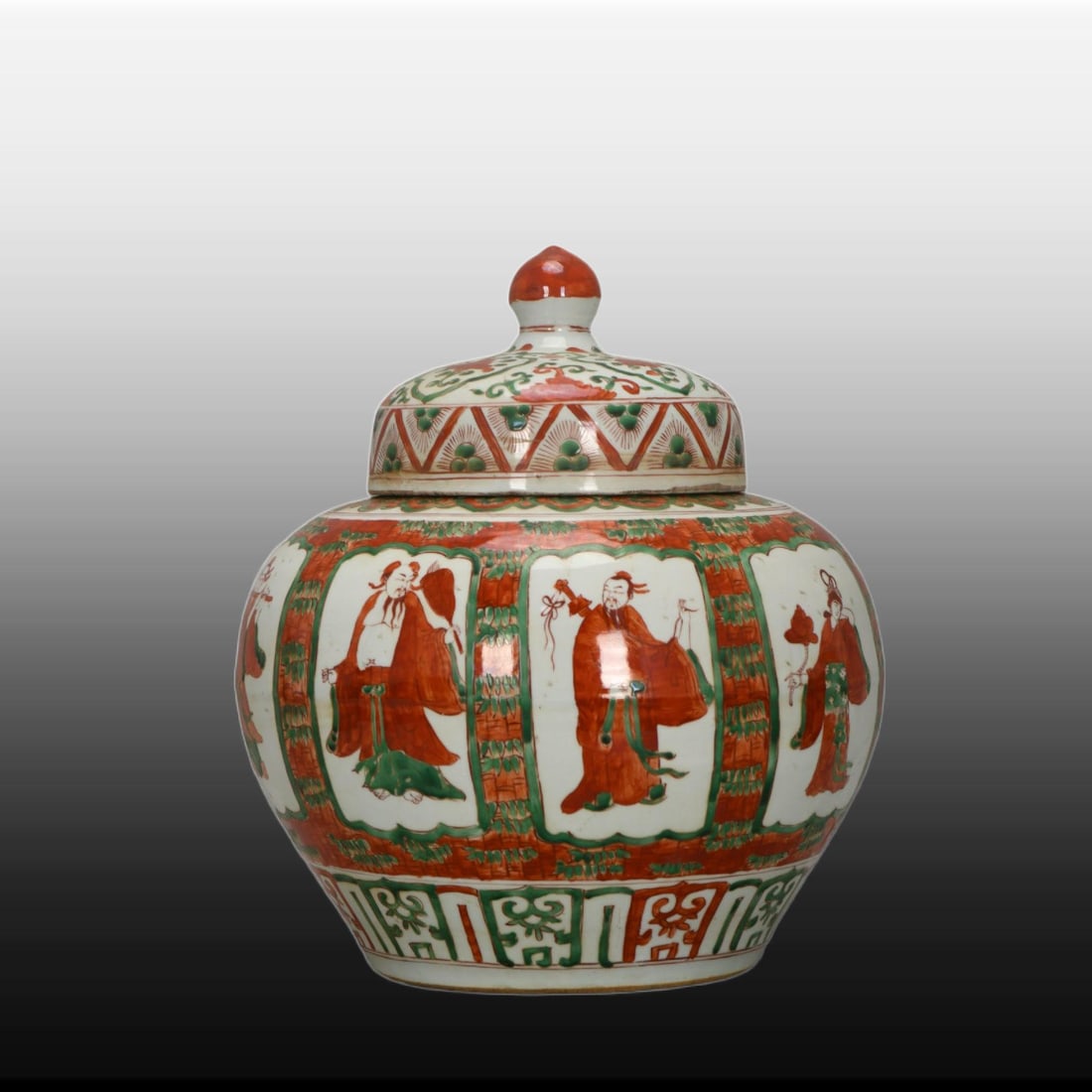 A Exquisite Wucai Figures Pattern Jar: A Exquisite Wucai Figures Pattern Jar,Ming Dynasty, China,Jiajing Six-character Mark,Size:16.1inx13.4inx7.9in 五彩人物纹罐,中国明代,嘉