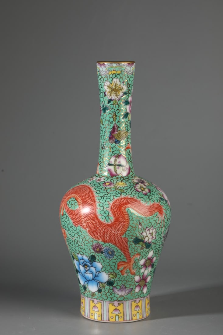 A Exquisite Green Ground Painted Gold Dragon Pattern Vase - 6
