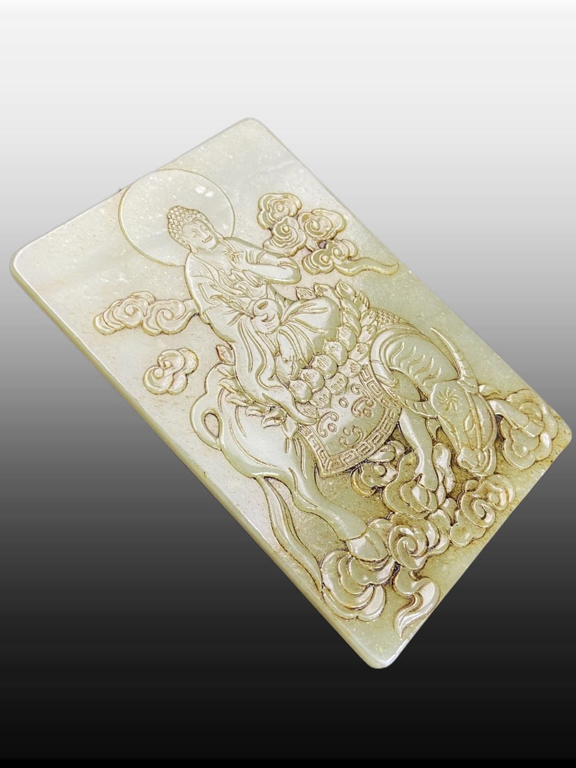 A Exquisite Hotan Jade Buddha statue Table Screen, with Scripture - 2