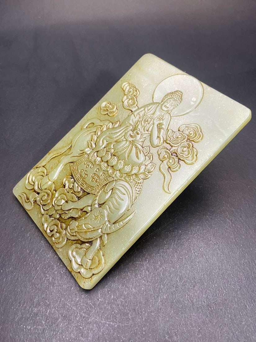 A Exquisite Hotan Jade Buddha statue Table Screen, with Scripture - 3