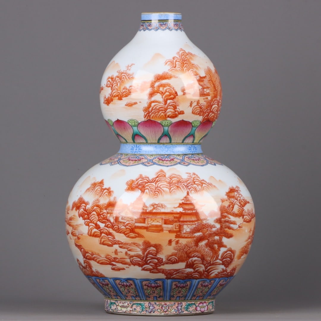A Exquisite Iron-Red Painted Gold Landscape Character and Story Pattern Gourd Vase: A Exquisite Iron-Red Painted Gold Landscape Character and Story Pattern Gourd Vase,Qing Dynasty, China,Qianlong Six-character Mark,Size:15.7inx9.8in 矾红描金山水