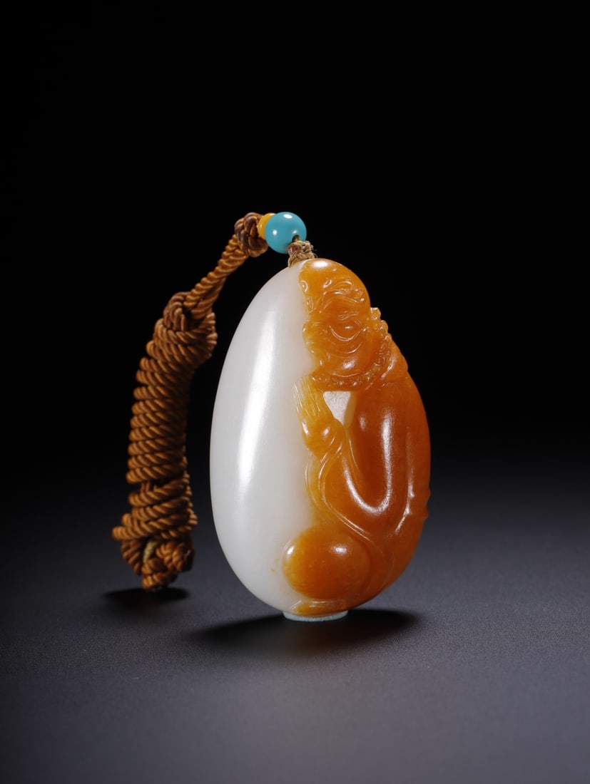A Exquisite Hotan Jade Statue of Arhat Pendant: A Exquisite Hotan Jade Statue of Arhat Pendant,Qing Dynasty, China,Size:2.1inx1.3inx0.9in,Weight:57.6g 和田玉罗汉玉坠,中国清代