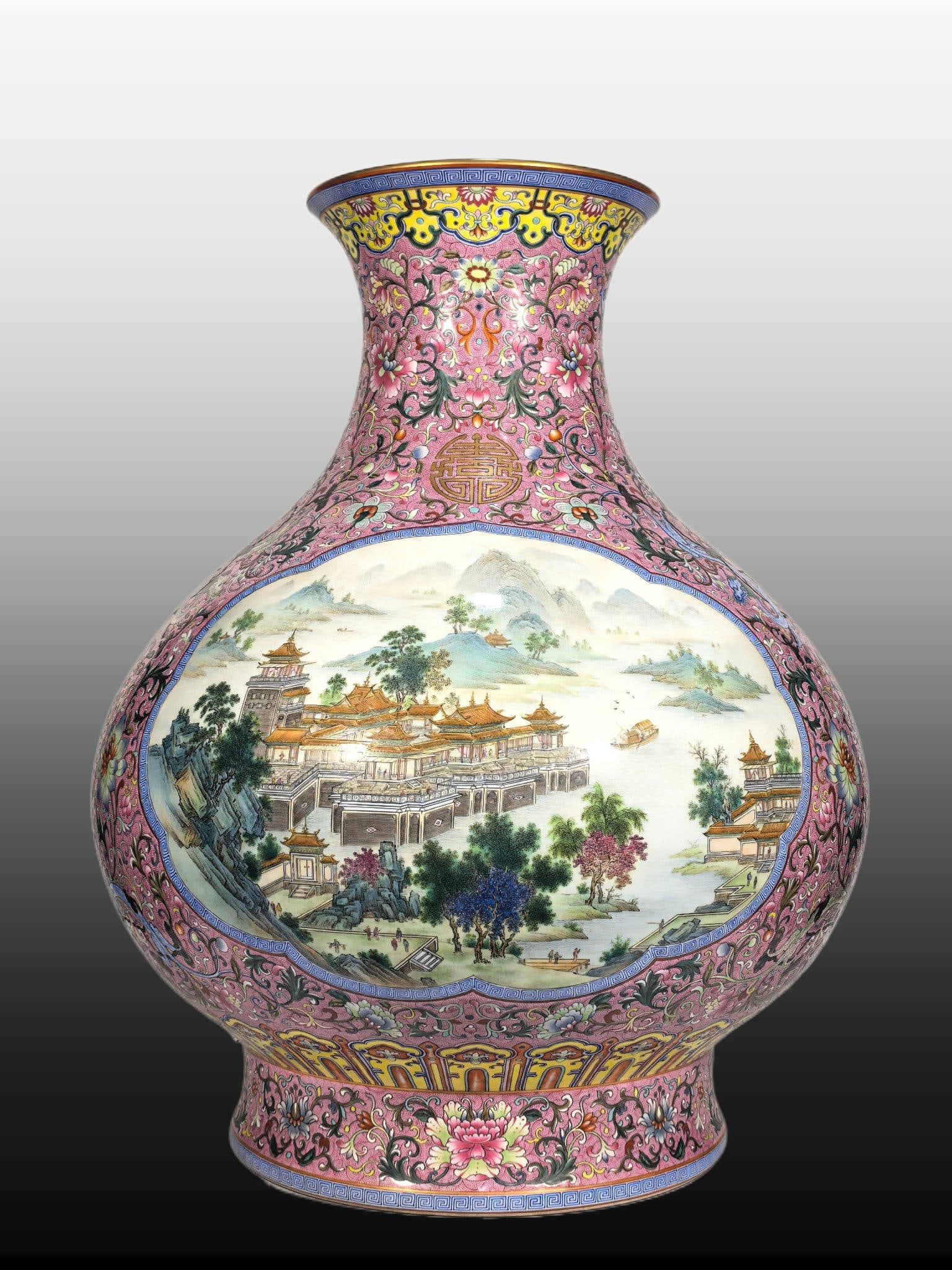 A Exquisite Famille-Rose Ruby Red-Glazed Landscape Pattern Vase: A Exquisite Famille-Rose Ruby Red-Glazed Landscape Pattern Vase,Qing Dynasty, China,Qianlong Six-character Mark,Size:23.6inx8.3inx18.1inx11.8in 粉彩胭脂红山水