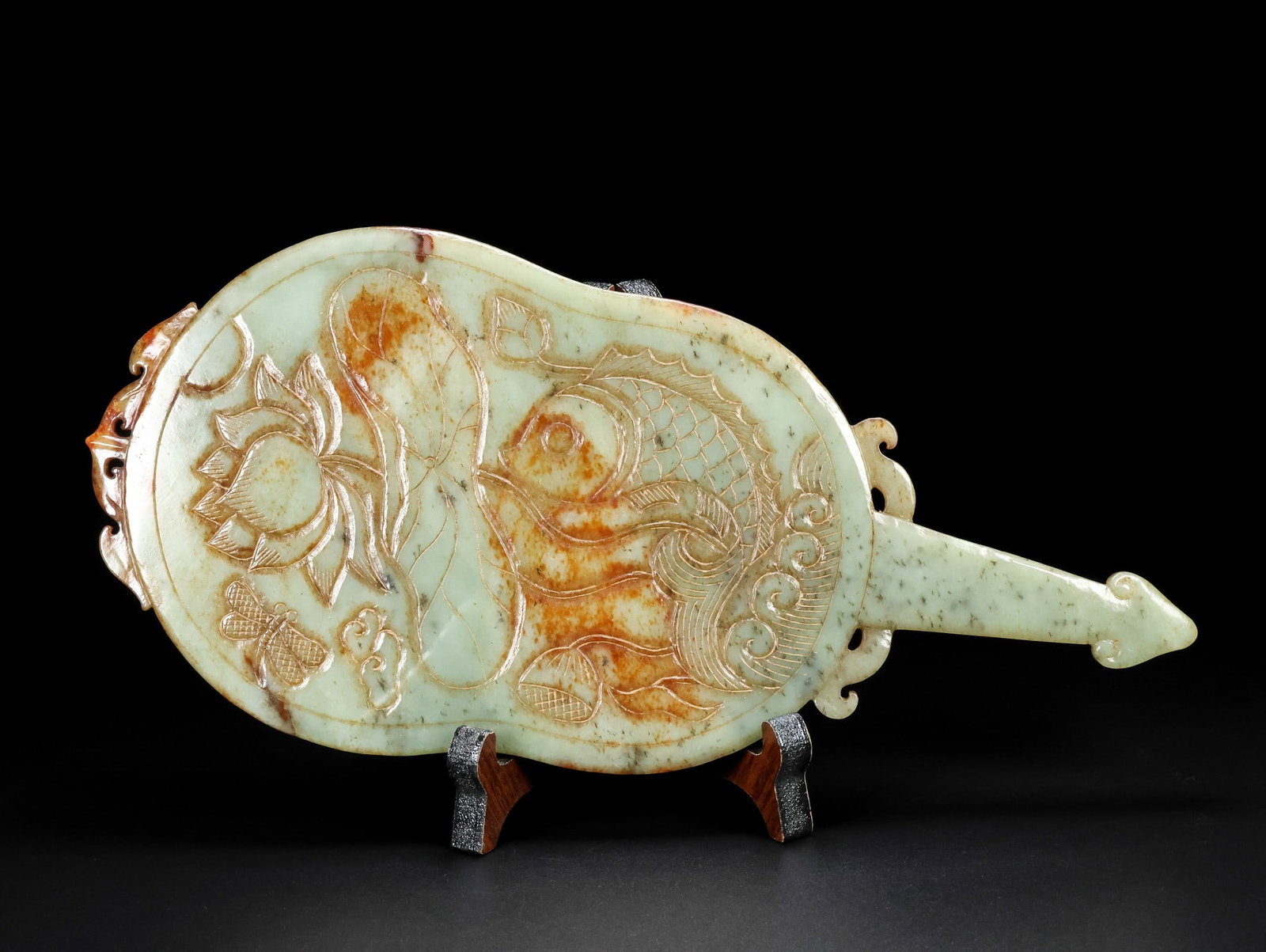 A Exquisite Hotan Jade Fish and Lotus Pattern Fan: A Exquisite Hotan Jade Fish and Lotus Pattern Fan,Han Dynasty, China,With Mark,Size:11.2inx5.1inx0.2in ,Weight:479g