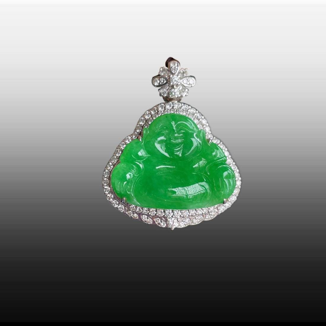 A Exquisite Diamond Inlaid Jadeite Buddha Pendant: A Exquisite Diamond Inlaid Jadeite Buddha Pendant,Size:1.2inx1inx0.5in,0.6inx0.8inx0.1in 钻石镶冰胶阳绿佛