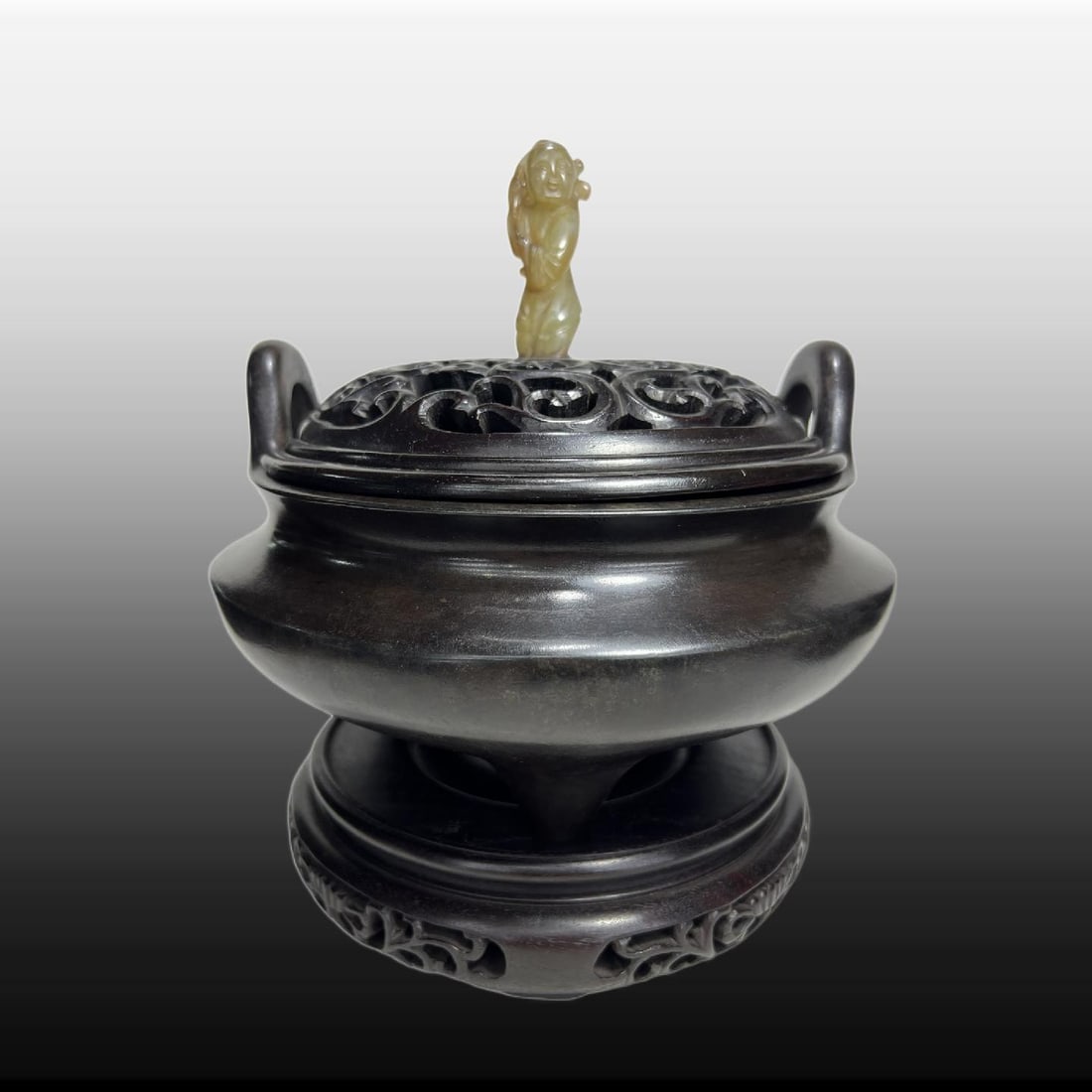 A Exquisite Coppery Inlaid Hotan Jade Knob Double Ears Censer (1 of 9)