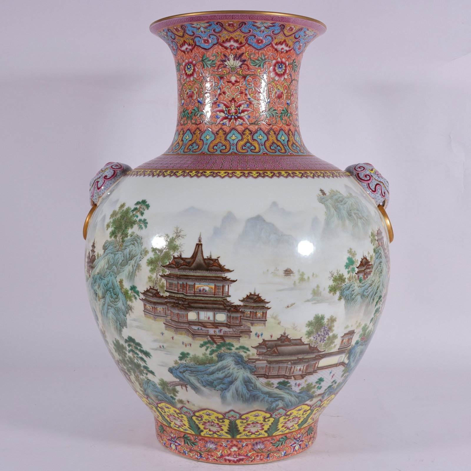 A Exquisite Famille-Rose Landscape Pattern Double-Ears Vase: A Exquisite Famille-Rose Landscape Pattern Double-Ears Vase,Qing Dynasty, China,Qianlong Six-character Mark,Size:20.5inx8.6inx15inx8.3in 粉彩山水纹双耳瓶
