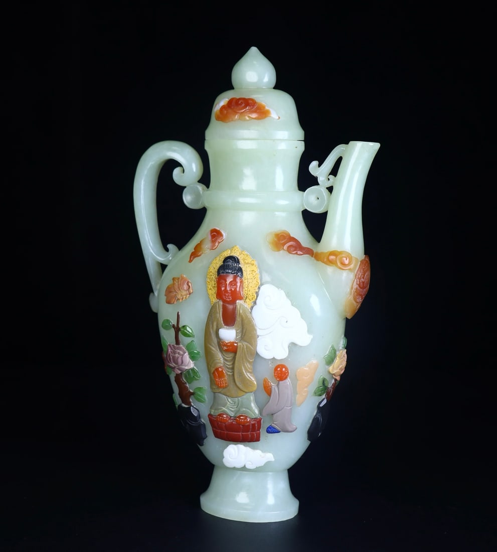 A Exquisite Hotan Jade Buddha Pattern Pot - 2