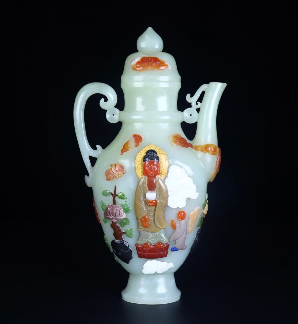 A Exquisite Hotan Jade Buddha Pattern Pot - 3
