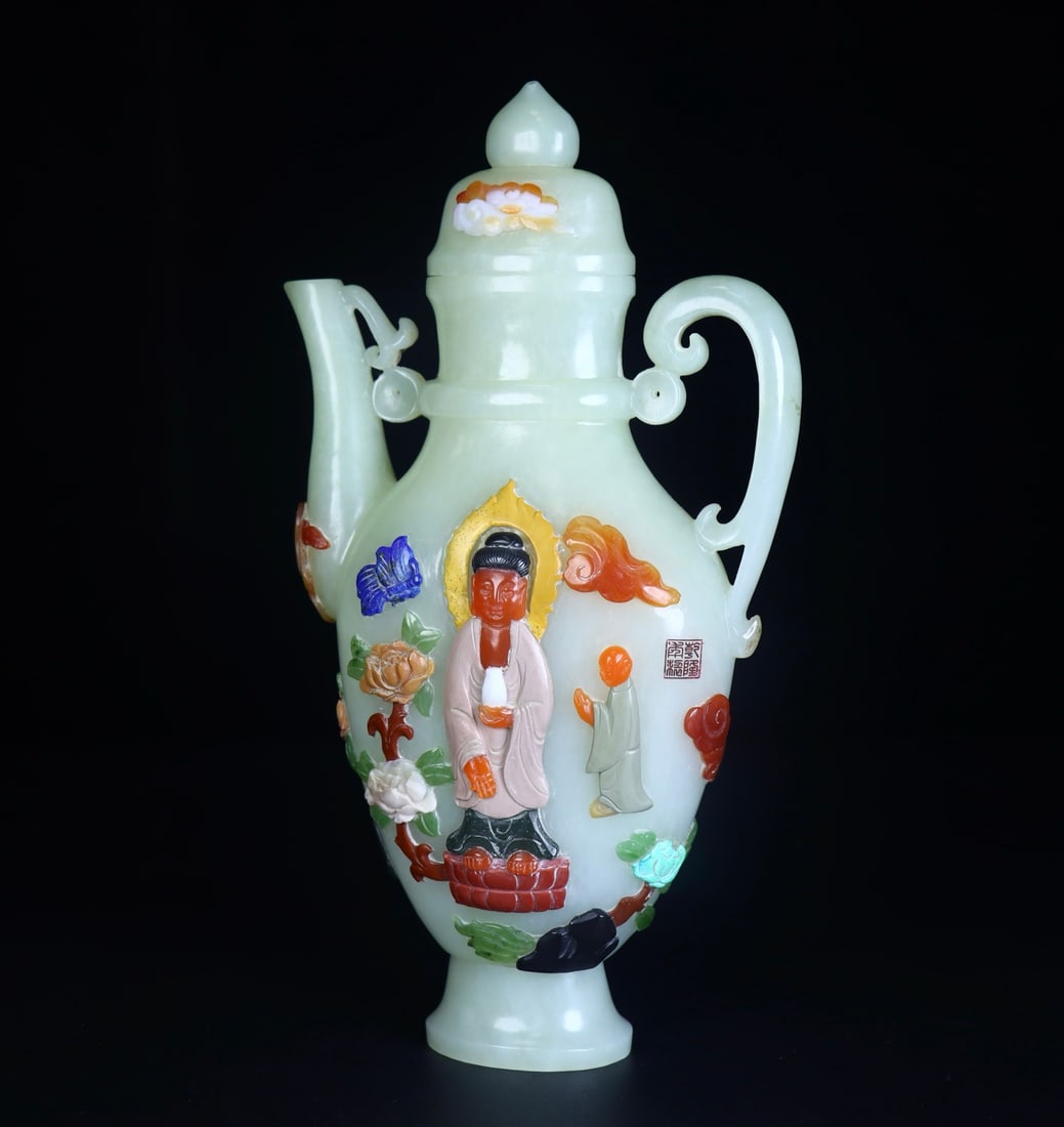 A Exquisite Hotan Jade Buddha Pattern Pot - 4