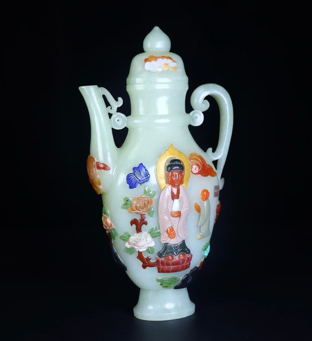 A Exquisite Hotan Jade Buddha Pattern Pot - 5