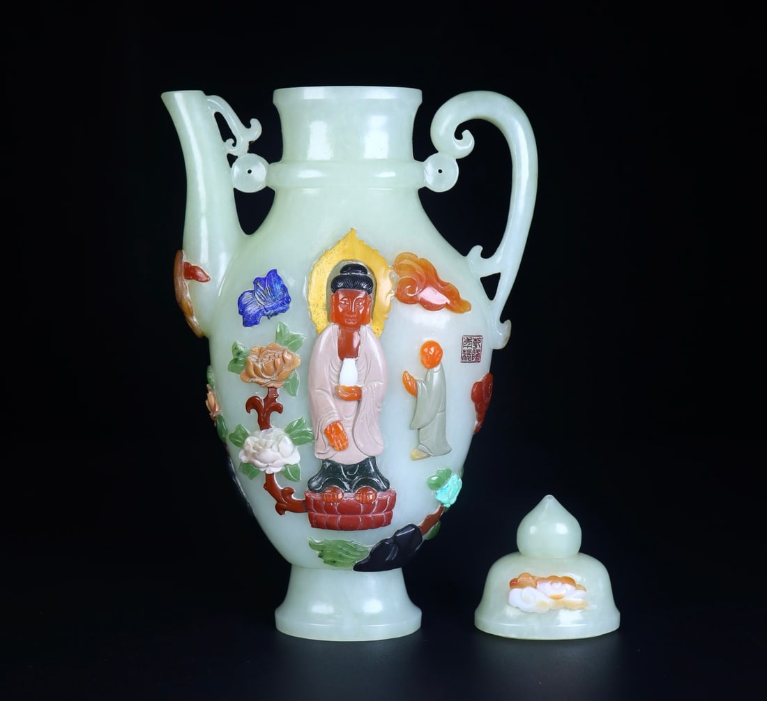 A Exquisite Hotan Jade Buddha Pattern Pot - 6