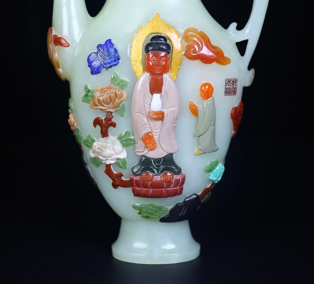 A Exquisite Hotan Jade Buddha Pattern Pot - 8