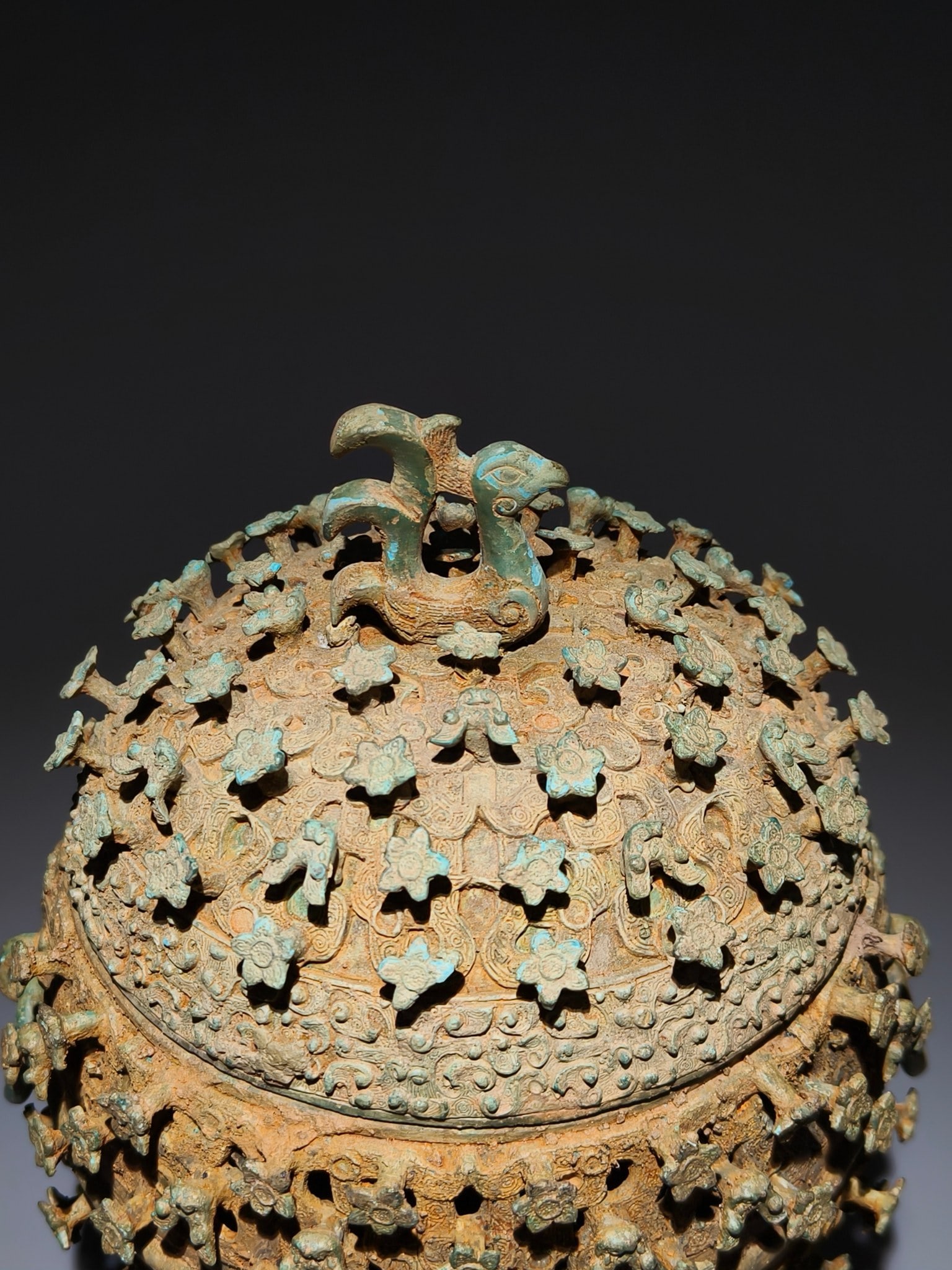 A Exquisite Bronze Plum Flower Pattern Bird Covered Jar - 2