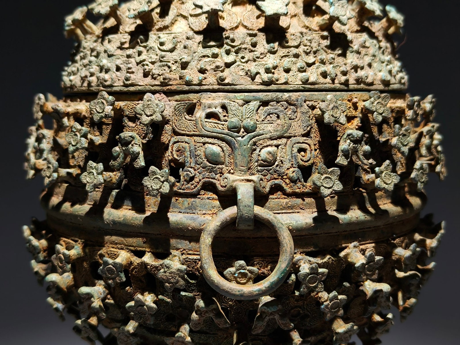 A Exquisite Bronze Plum Flower Pattern Bird Covered Jar - 5