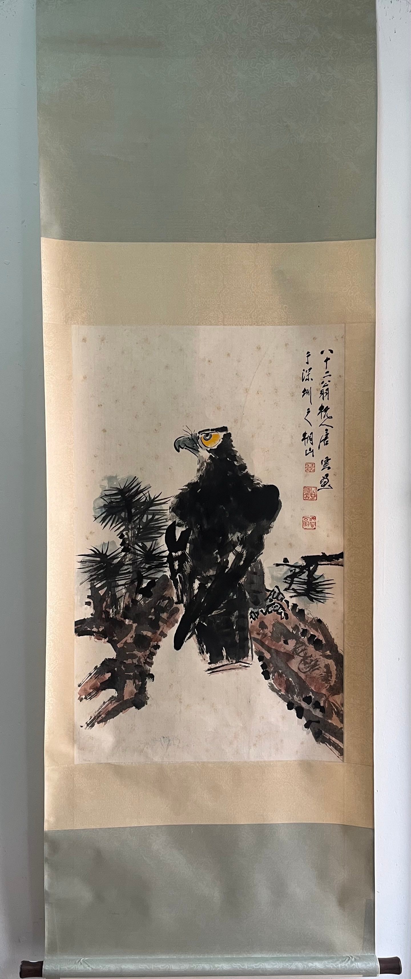 A Chinese Vertical Scroll Ink Painting of Eagle on Paper: A Chinese Vertical Scroll Ink Painting of Eagle on Paper,Modern Period of China,Tang Yun,without frame size:37.4inx23.2in 一幅中国水墨纸本鹰ஹ