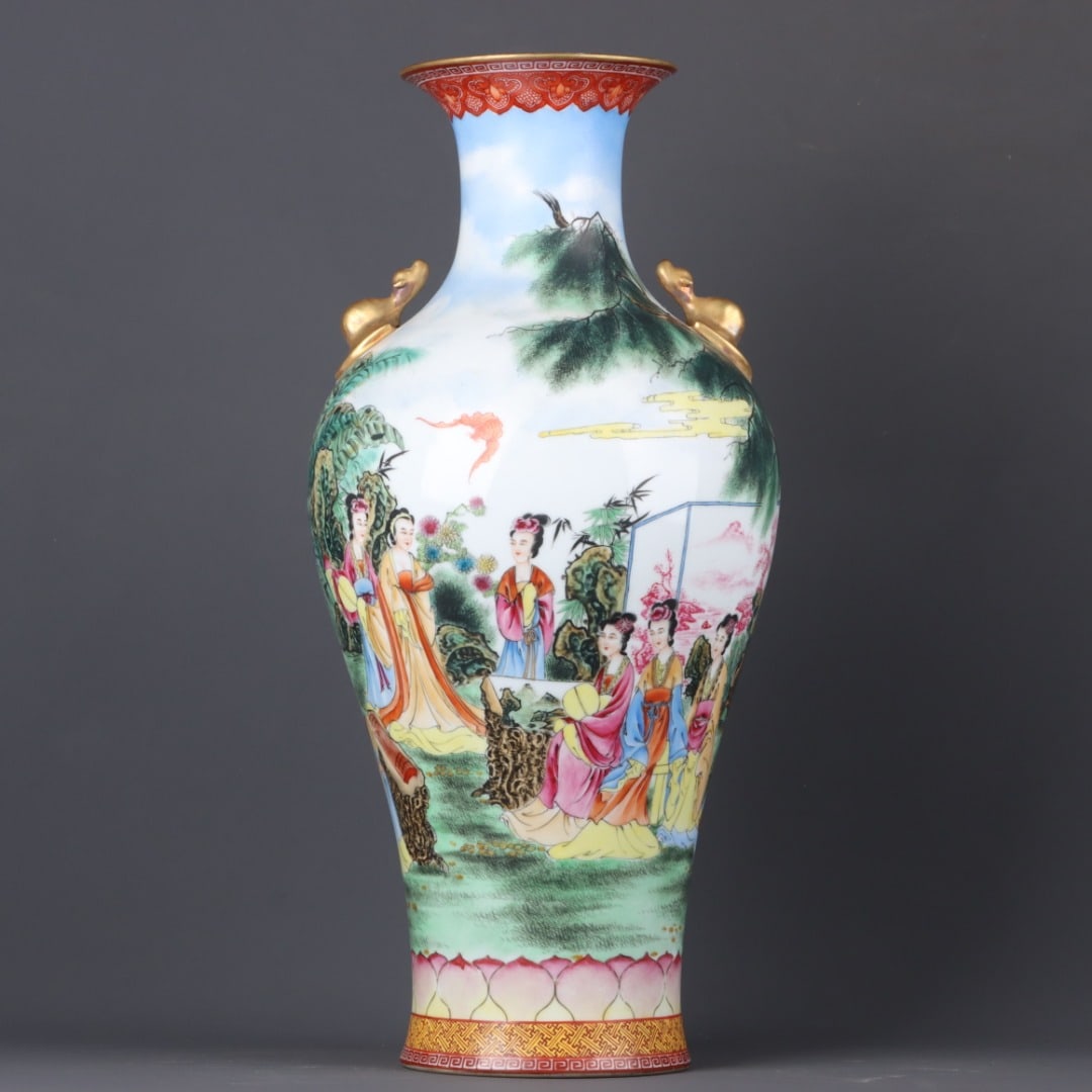 A Exquisite Enamel Gilt Character and Story Pattern Bat-Ears Vase: A Exquisite Enamel Gilt Character and Story Pattern Bat-Ears Vase,Qing Dynasty, China,Yongzheng Four-character Mark,Size:22inx10.6in