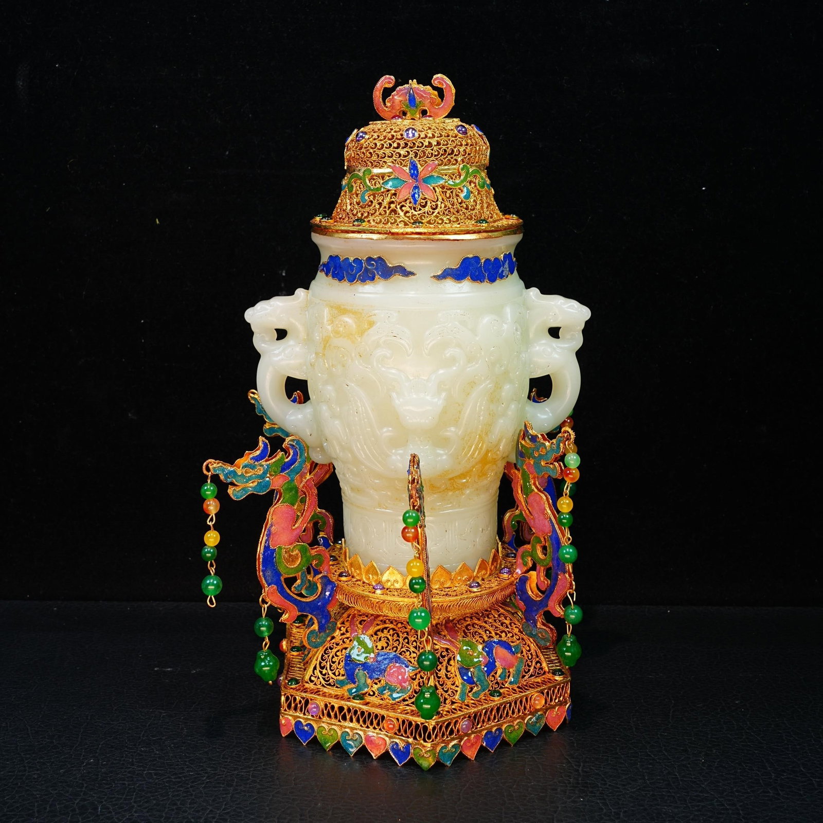 A Exquisite Cloisonne Enamel White Jade Dragon-Ears Vase Ornament: A Exquisite Cloisonne Enamel White Jade Dragon-Ears Vase Ornament,Qing Dynasty, China,Qianlong Four-character Mark,Size:11inx6.3in